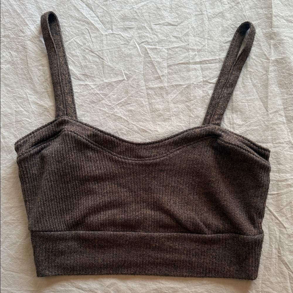 Brown Ribbed Knit Crop Top